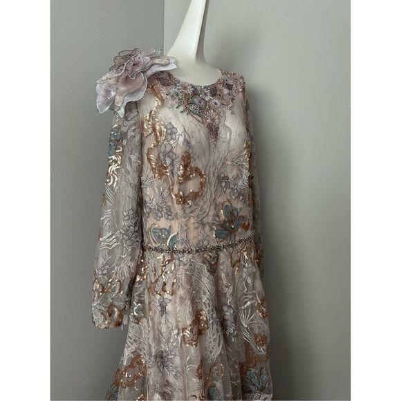 Mac Duggal Embellished Long Sleeve High Neck Rose Applique Gown - Picture 9 of 11